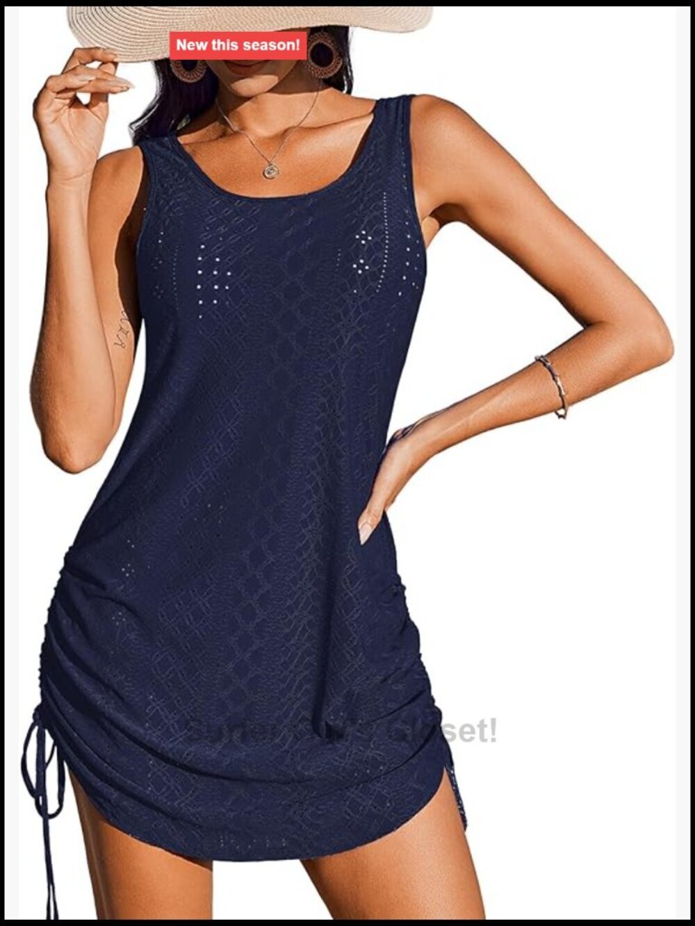 Crochet Hollow Out Sleeveless Swimsuit Cover Up Drawstring Tank Dress